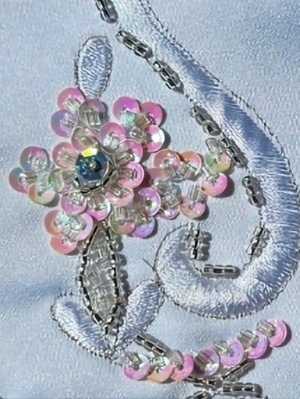 Vintage Embroidered, Sequined and Beaded Floral Satin Sampler Square White